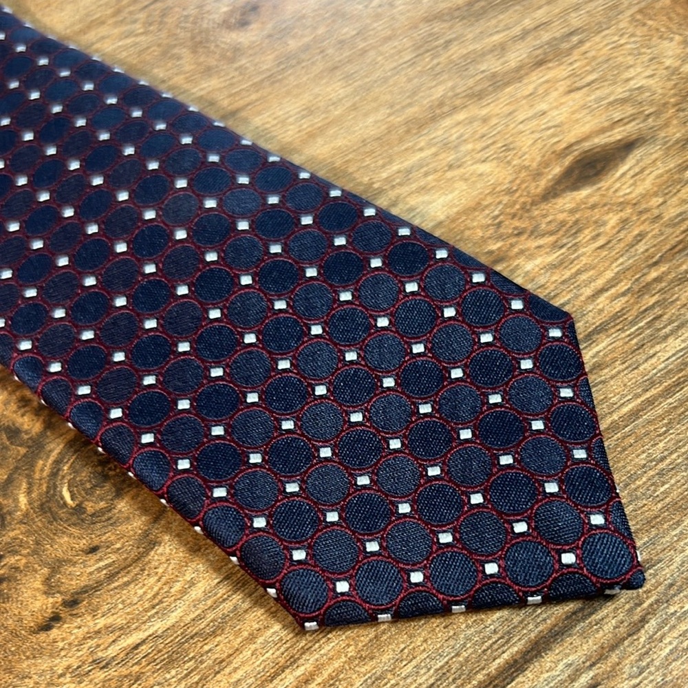CANALI - Navy/Dark Red/White Circular Geometric Polka Dot Pattern 100% Silk Tie
